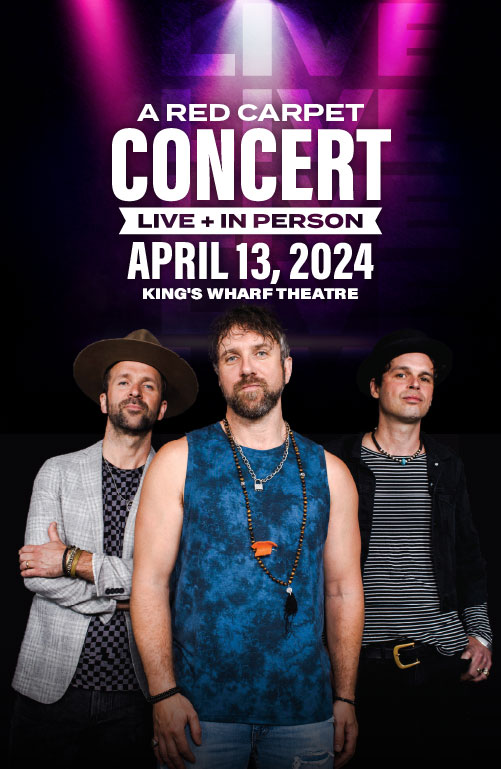 the three members of The Trews on a black background with the concerts date and venue