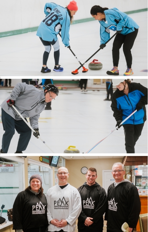 Three images of people of all ages curling on the ice